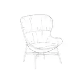 Armchair with iron base, upholstered in vertically pleated fabric, featuring a high rounded backrest and curved seat, with angled metal legs.