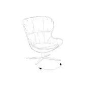 Swivel armchair, metallic steel base, vertical channel quilting, rounded seat, 360-degree rotation, organic cocoon shape, white background.