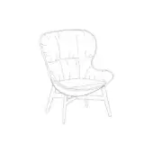 Armchair with wood base, featuring rounded backrest with vertical pleating, slender tapered legs, and X-shaped support in a line drawing.