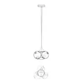 Pendant light fixture, black line drawing, spherical translucent shades with circular cutouts arranged radially from a square mount.