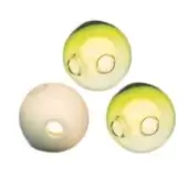 Glass beads, pale green and yellow gradient, circular perforations, smooth glossy finish, studio product shot, white background.