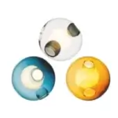 Blown glass wall sconces in clear, blue, and amber with circular cutouts reveal warm light; triangular arrangement on white background.