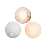 Spherical wall lights in pink, white, and orange hues feature translucent material and diffused circular illumination.