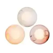 Spherical wall lights, translucent glass, warm glow, pale white, peach, and rose hues, minimalist studio shot, diffused lighting.