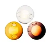 Glass pendant lights, clear, amber, burgundy, spherical shape with three circular cutouts, minimalist modern design, white illumination.