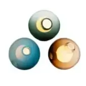 Spherical wall lights, blown glass, gradient color: green-yellow, teal-blue, amber-gold, circular aperture, metallic ring, warm glow.