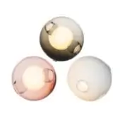 Blown glass ceiling lights, smoky gray, rose, and white, spherical shape with rectangular cutouts, minimalist flush mount design.