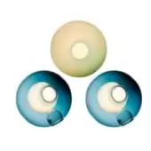 Wall sconces, translucent material, circular shape with gradient blue-green hues, metallic ring, glossy finish, studio product shot.