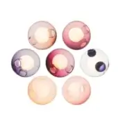 Pendant lights, translucent glass, spherical form, varied amber, rose, lavender, burgundy, and white hues with irregular openings.