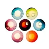 Spherical glass lights, teal, yellow, pink, burgundy, blue, lavender, orange hues, circular arrangement, translucent shells, white cores.