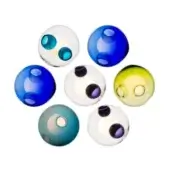 Glass marbles in circular arrangement, teal, blue, yellow & white, with internal spots & swirls, smooth glossy finish, diffused lighting.