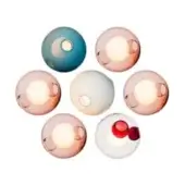 Spherical wall lights arranged in a circle, teal, pink, peach, white, translucent glass, circular openings, warm illumination, minimalist design.