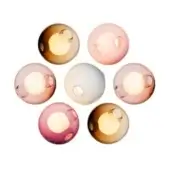 Glass sphere light fixtures in amber, pink, and blue arranged circularly on a white background, featuring translucent textured glass and warm internal lighting.