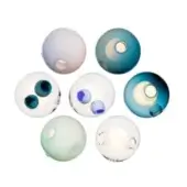 Blown glass wall lights, circular arrangement, varied colors, teal, lilac, white, blue, green, clear, frosted finish, studio lighting.