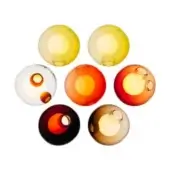 Glass pendant lights, amber and burgundy tones, circular arrangement with exposed bulbs and hand-blown glass texture.