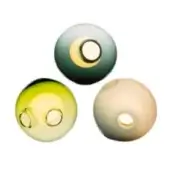 Blown glass wall sconces, teal-yellow, green-yellow, and beige gradients, spherical shape, central circular apertures, glossy translucent finish.