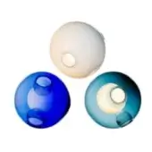 Spherical wall lights, glass, concentric spheres; white, blue, and gradient blue-to-yellow, circular openings, smooth glossy surfaces.