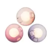 Spherical wall lights, translucent glass, peach, pink, lavender hues, round form, illuminated interiors, circular texture, minimalist design.