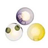 Blown glass wall sconces, purple, yellow, clear, spherical shape, illuminated core, metal bracket, flush mount, white background.