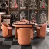 Distinguished Giorgetti Flamingo game table with leather upholstery, smoked glass top and solid ash edge in light orange-brown finish