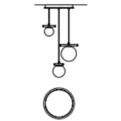 Hanging light fixture, black metal, three tiered circular rings suspended from a horizontal bar with matte finish.