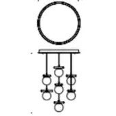Mobile sculpture black line drawing, circular and oval shapes suspended from metal ring, symmetrical cascading vertical arrangement on white background.