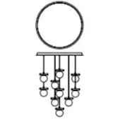 Metallic mobile with circular ring, suspended rods, and repeating geometric shapes in a dark matte finish.