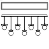 Rectangular LED chandelier with matte black finish, featuring eight vertical rods and dual circular rings suspended from each.