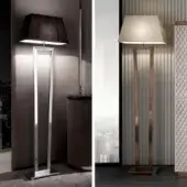 Distinguished DV Home Collection Deco floor lamp with copper-toned metal and light gray fabric lampshade with glossy finish