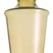 Amber glass vessel, rounded top, conical base, translucent gradients, smooth glossy finish, minimalist sculptural form, dark rim accent.
