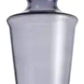 Glass vase blue grey cylindrical with rounded top and tapered body, studio lighting, smooth reflective surface.