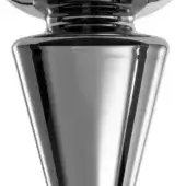 Pedestal lamp, metallic finish, elongated conical shape with rounded shade and concentric ring detail, modern design.