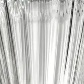 Transparent glass vase, ribbed cylindrical shape, crystalline surface with scalloped rim detail and glossy finish.