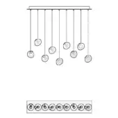 Linear chandelier black and white drawing, eleven spherical pendants with circular cut-outs hang from a rectangular bar, schematic design.
