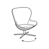 Swivel armchair, shell form, metallic star base, curved back and seat, minimalist design, white background, technical illustration.
