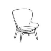 Armchair line drawing, black and white, curved high back and seat, tapered wood legs forming an X-base, minimalist design, gray shading.