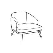 Lounge chair line drawing, black on white, rounded form with curved back, sloping armrests, tapered cylindrical legs, fabric texture.