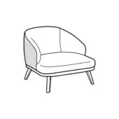 Lounge chair black and white line drawing, rounded back, cushioned seat, tapered wooden legs, contemporary design, fabric texture.