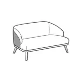St. Tropez sofa line drawing, white background, curved back, asymmetrical armrest, tapered cylindrical legs, modern minimalist design.