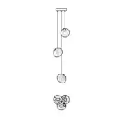 Chandelier, steel and translucent glass, multi-tiered with five spherical lampshades encased in wireframe cages, minimalist modern design, labeled "118.3".