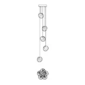 Chandelier, black steel and glass, rectangular canopy with eleven descending cables suspending spherical orbs in wireframe cages.