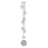 Linear chandelier with steel mount, eleven orb-shaped lights in wireframe cages, varying lengths, modern minimalist design, model 118.7.