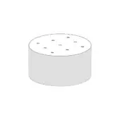 Quilted ottoman, light gray fabric, cylindrical shape with diamond stitching and nine circular indentations on the top surface.