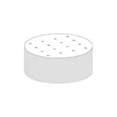 Gray cylindrical ottoman with quilted surface featuring small circular perforations in a diamond grid pattern, studio shot.