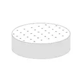Quilted ottoman, light gray fabric, circular shape with perforated top, studio product shot on white background, consistent cylindrical form.