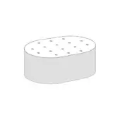 Gray quilted ottoman, oval shape, perforated fabric surface, cylindrical base, studio lighting, low profile seating, neutral tone.