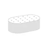 Quilted ottoman, light gray fabric, elongated oval shape with rounded edges and low profile, studio product shot.