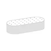 Quilted ottoman, light gray fabric, rounded rectangular shape with diamond perforations, studio product shot on white background.