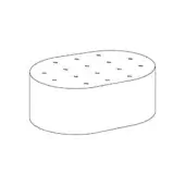 Quilted ottoman, white line drawing, elongated oval shape with circular perforations on a cushioned top and smooth, curved sides.
