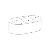 Quilted ottoman, light gray fabric, rectangular shape with circular perforations and seamless sides, minimalist design, matte finish.